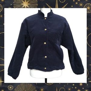 Vintage 70s Lanz Navy Blue Corduroy Gold Button Jacket  High Neck Puff Sleeve S